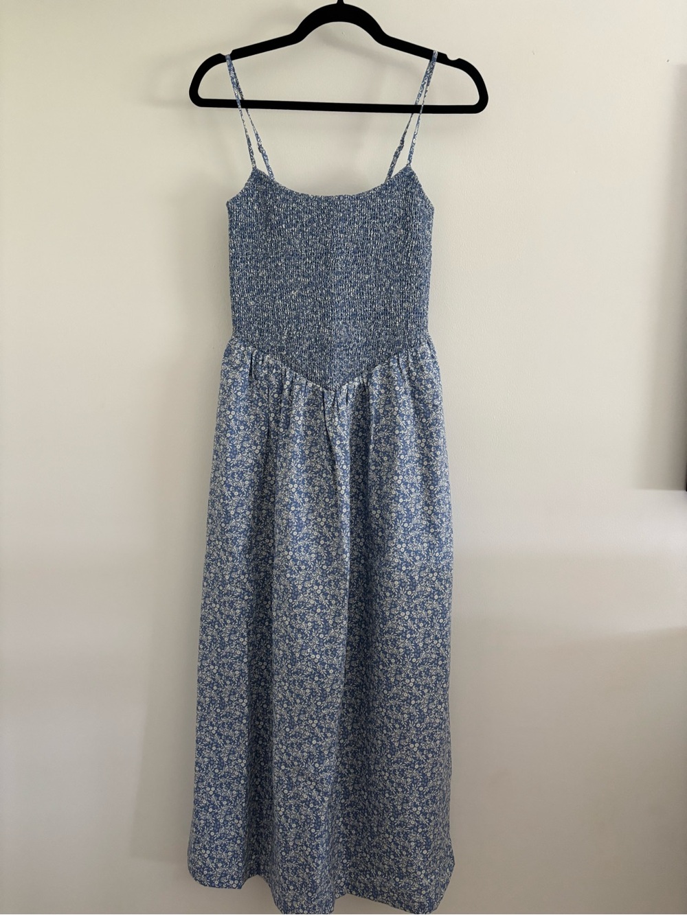 Abercrombie & Fitch Blue Floral Midi Dress with Smocked Bodice